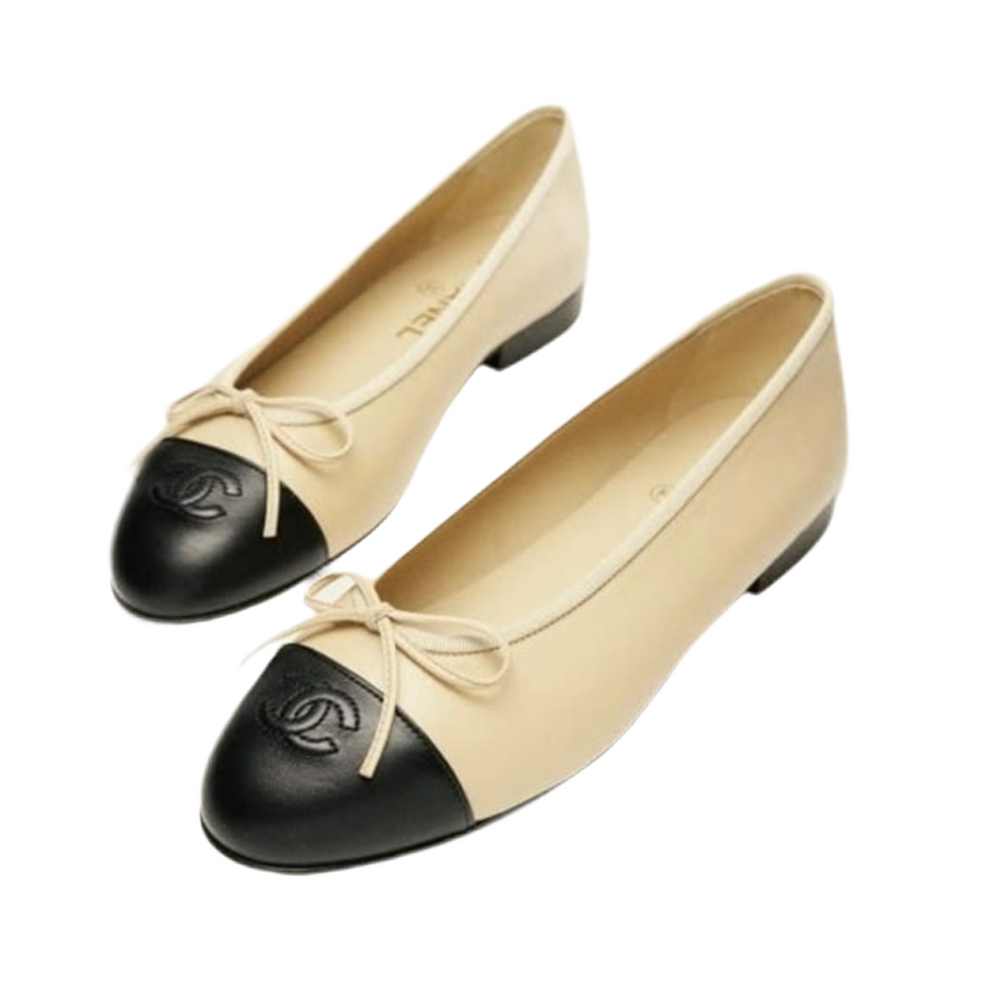 Chanel Beige/Black Leather CC Bow Cap Toe Ballet Flats